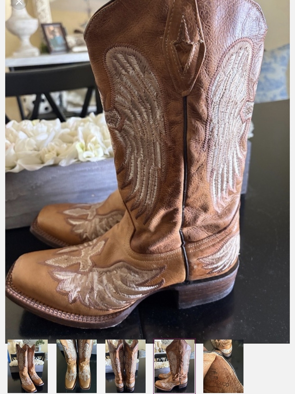 Leather Western Cowboy Boots in Brown with Wing Stitching